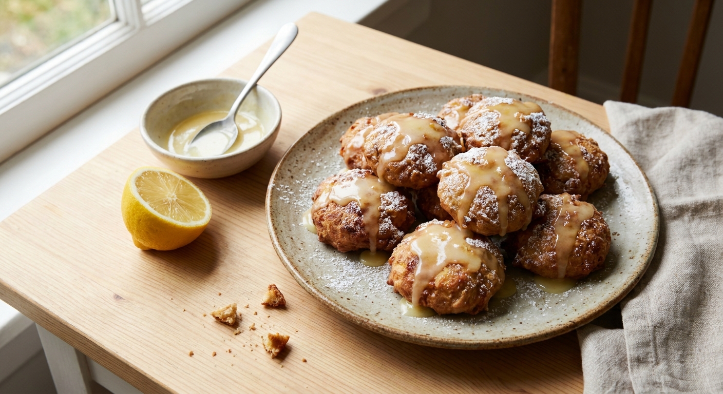 A plate of baked apple fritters drizzled with lemon glaze on a light kitchen table, with a small bowl of glaze and a lemon half nearby