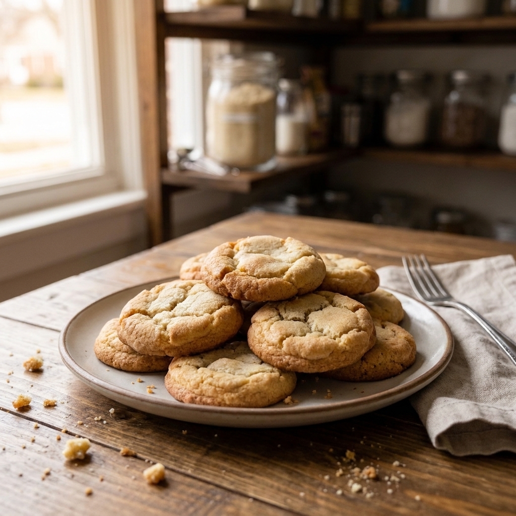 A plate of gluten-free almond flour cookies with golden edges and a soft center on a kitchen table