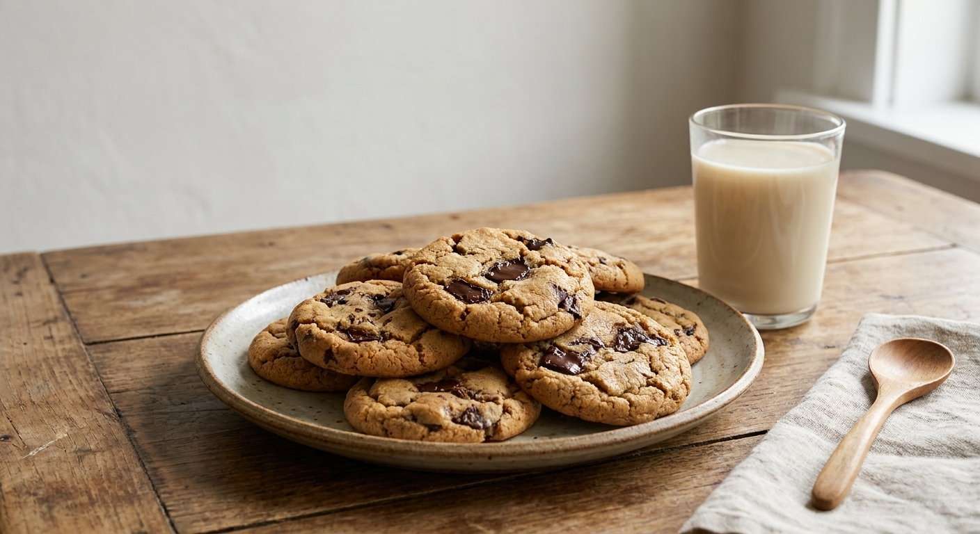 A plate of golden-brown vegan chocolate chip cookies on a wooden table with a glass of oat milk nearby