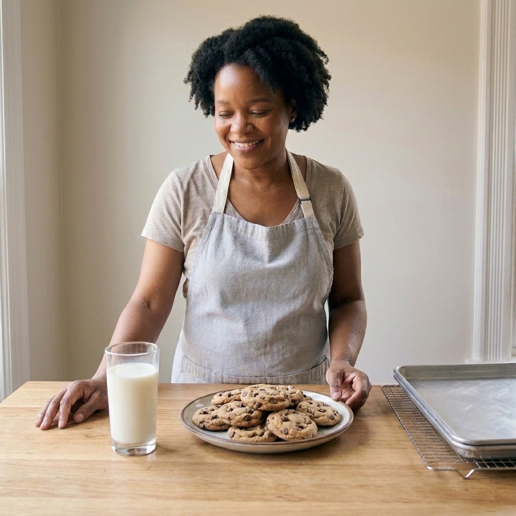 A plate of homemade cookies beside a glass of milk