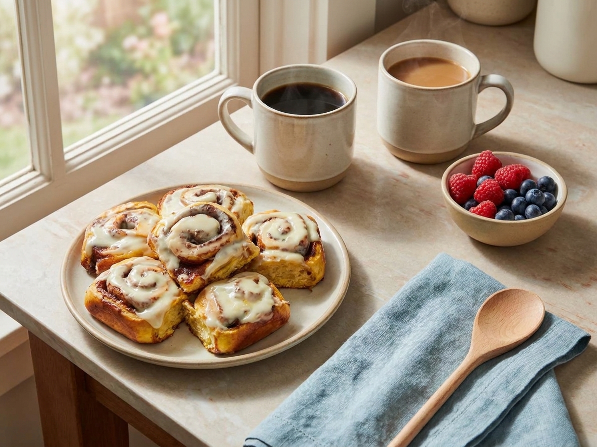 A plate of iced cinnamon rolls on a brunch table with coffee mugs and a small bowl of berries in natural window light