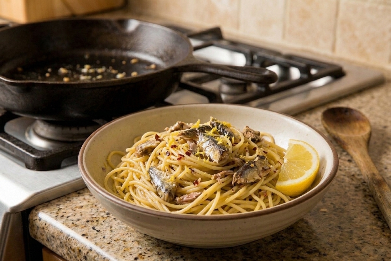 A plate of pasta tossed with flaky sardines, lemon zest, and red pepper flakes with a lemon wedge on the side