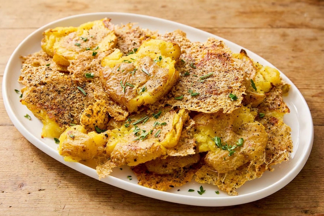 A plate of roasted smashed potatoes topped with Parmesan, chopped herbs, and cracked black pepper