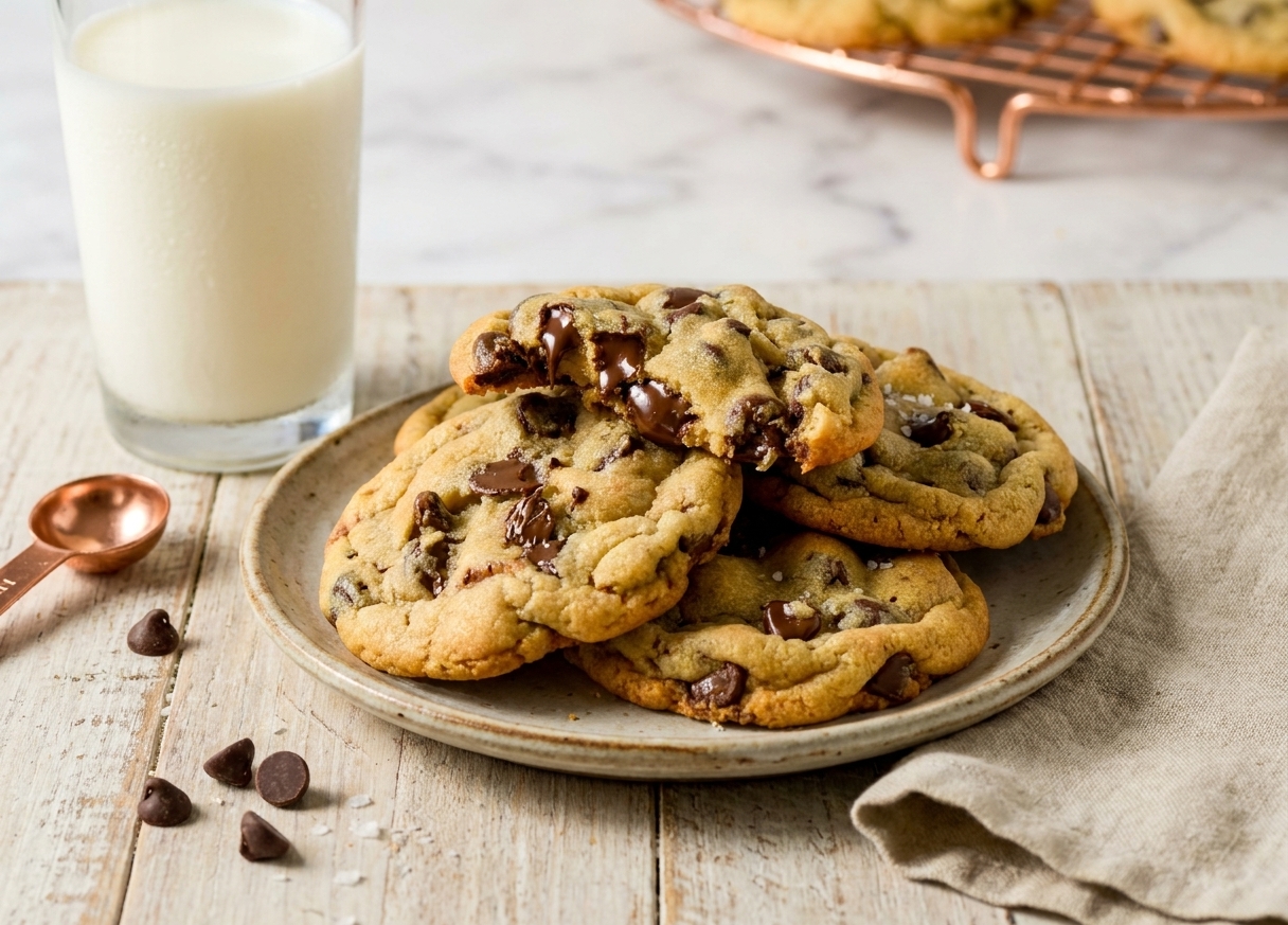 A plate of warm chocolate chip cookies on a wooden table next to a glass of cold milk