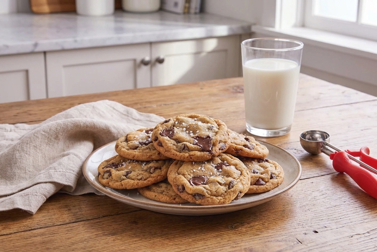 A plate of warm chocolate chip cookies set on a kitchen table with a glass of milk and a folded linen napkin