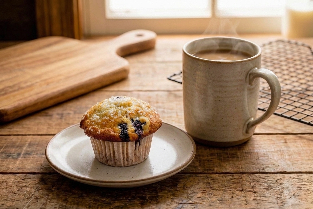 A plate with a moist muffin beside a mug of coffee on a cozy breakfast table with natural morning light