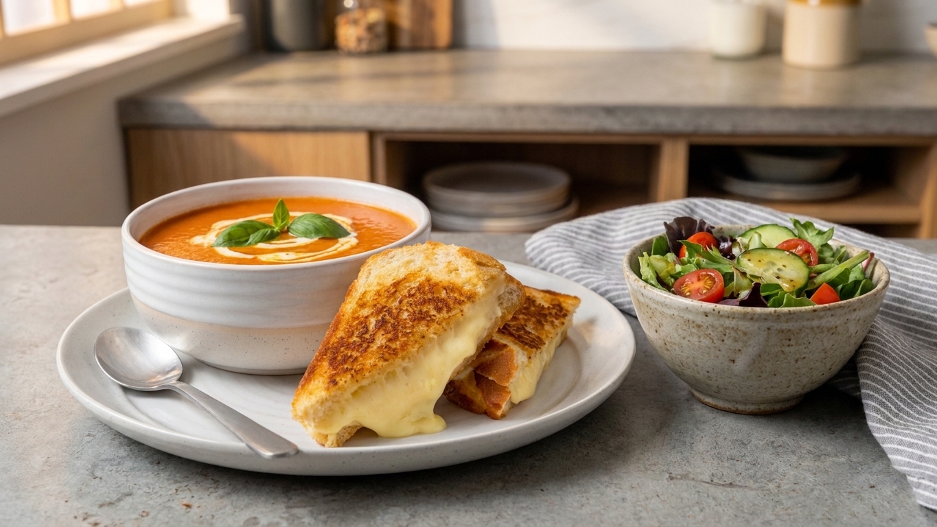 A plate with grilled cheese next to a bowl of tomato soup and a small green side salad