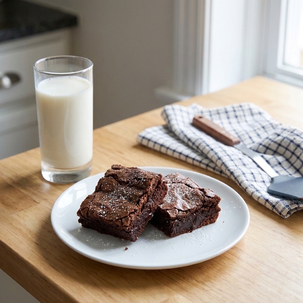 A plate with two brownie squares served with a glass of milk on a cozy kitchen table setting