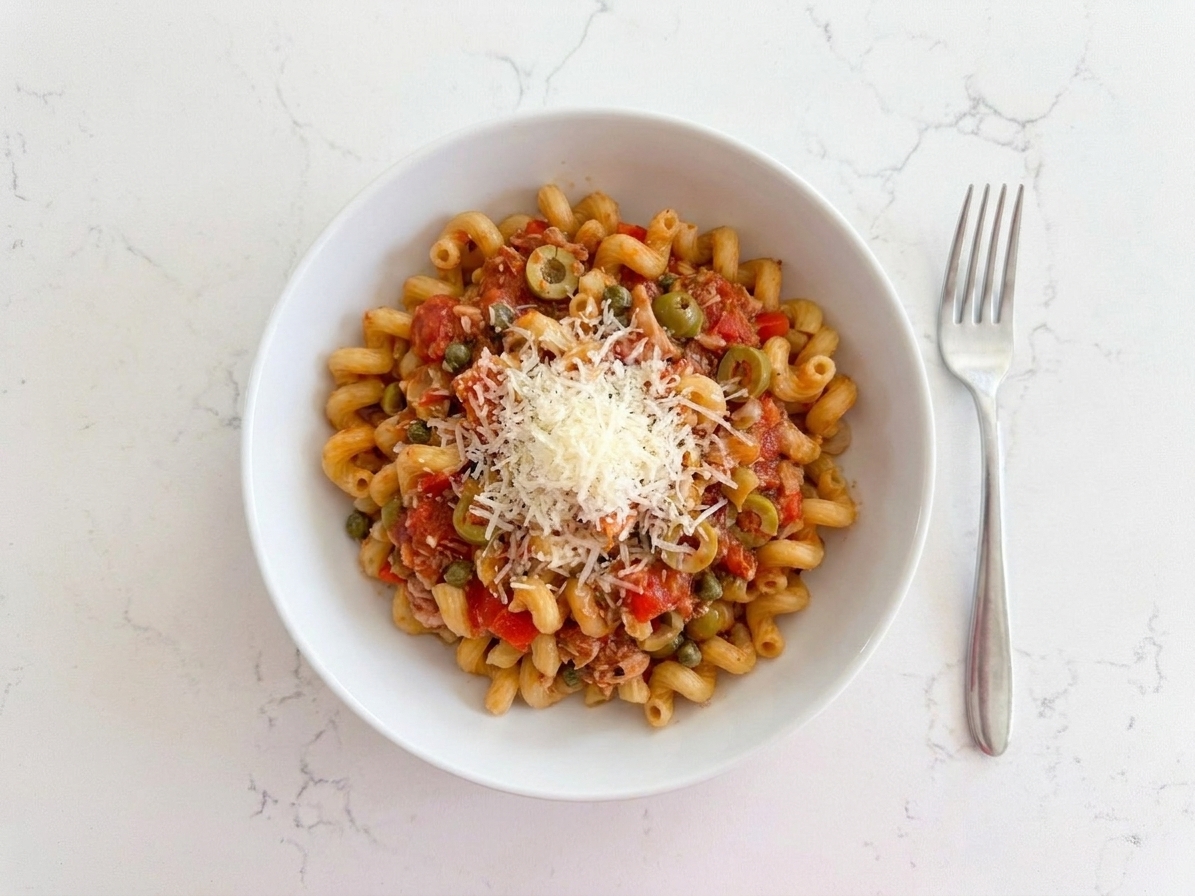 A plated bowl of pantry pasta with tomato sauce and grated Parmesan on a dinner table with a fork beside it