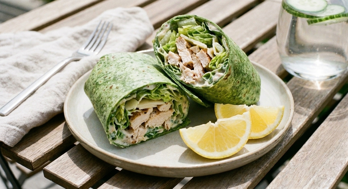 A plated chicken Caesar salad wrap cut in half with romaine and shredded chicken visible, served with lemon wedges