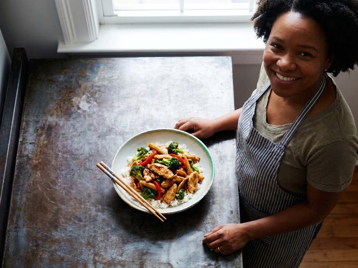 A plated chicken and broccoli stir-fry with glossy sauce served over steamed rice in a shallow bowl on a wooden table