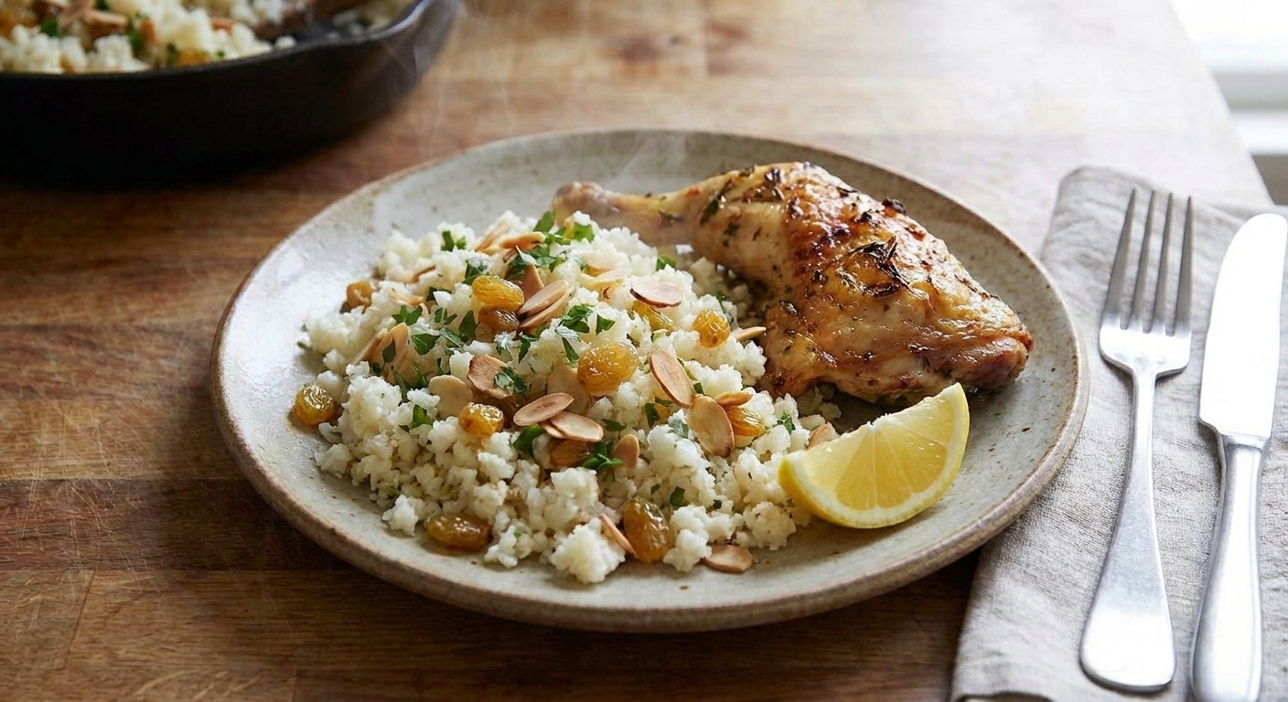 A plated dinner with a mound of cauliflower rice garnished with herbs and toasted almonds next to roasted chicken and a lemon wedge