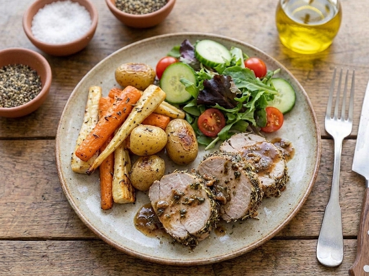 A plated dinner with sliced pork tenderloin, roasted vegetables, and a simple salad on a wooden table setting