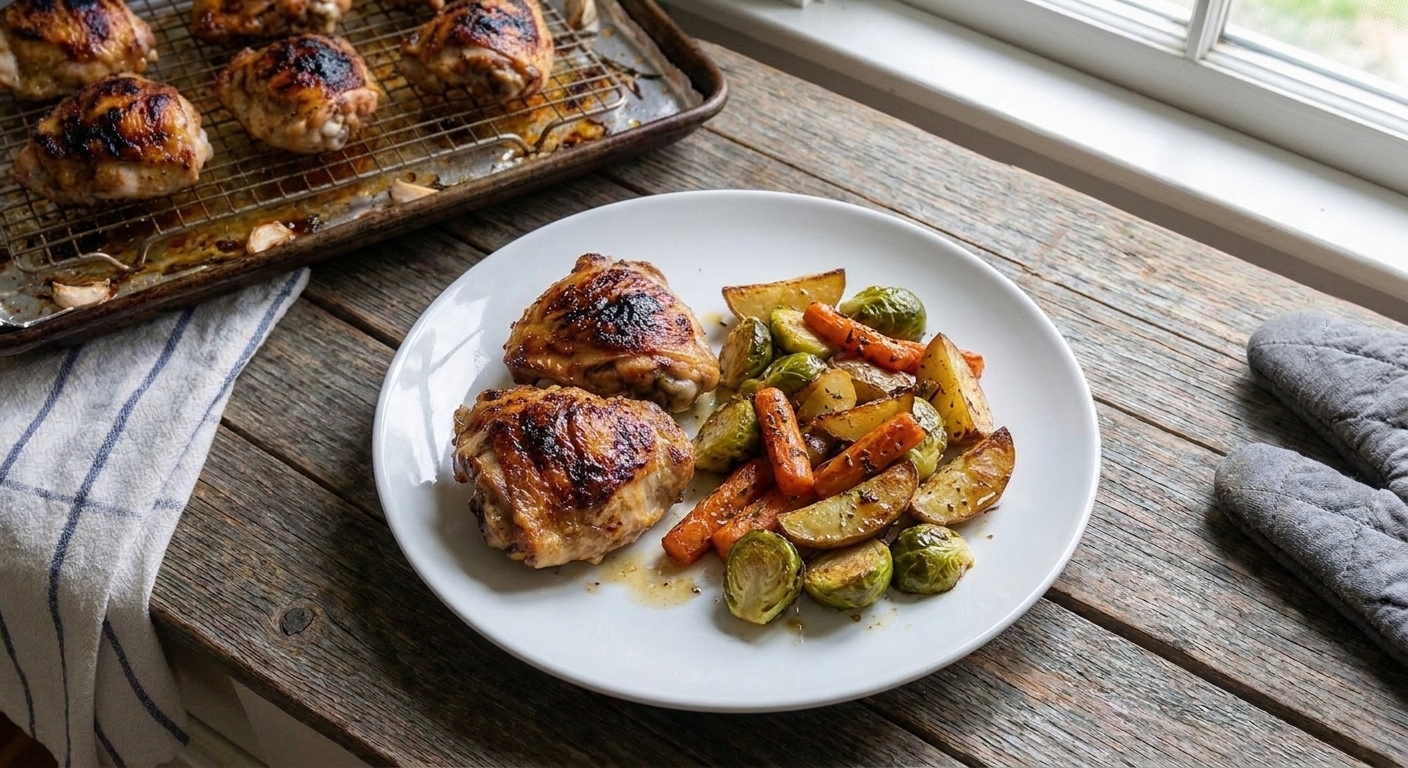 A plated dinner with two oven-baked chicken thighs served with roasted vegetables on a simple white plate at a wooden table
