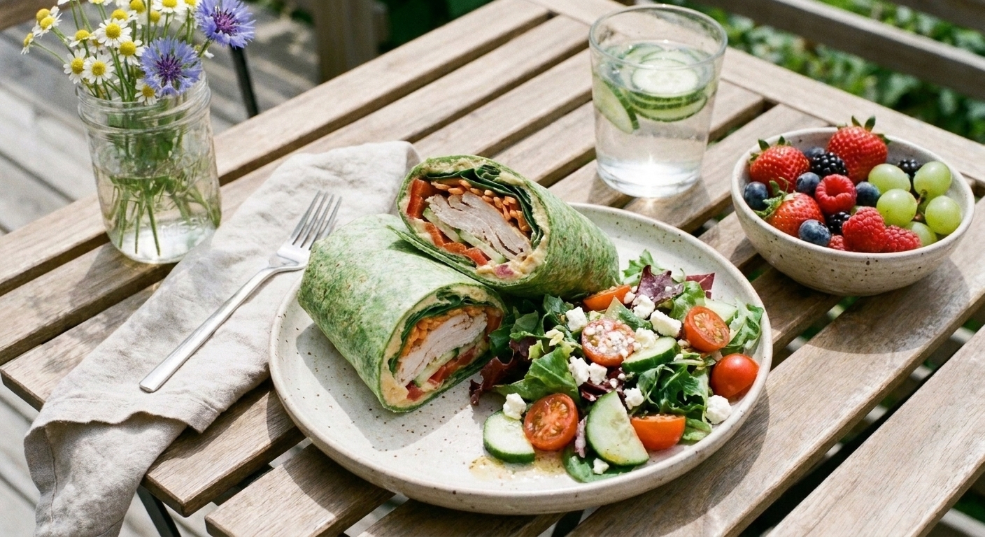 A plated no-cook summer dinner with a wrap, a side salad, and a small bowl of fruit on a simple table setting