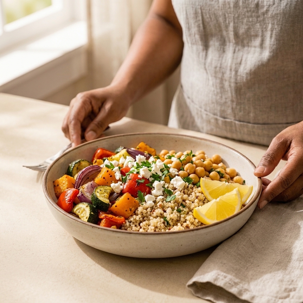A plated quinoa bowl with roasted vegetables, chickpeas, crumbled feta, chopped parsley, and lemon wedges