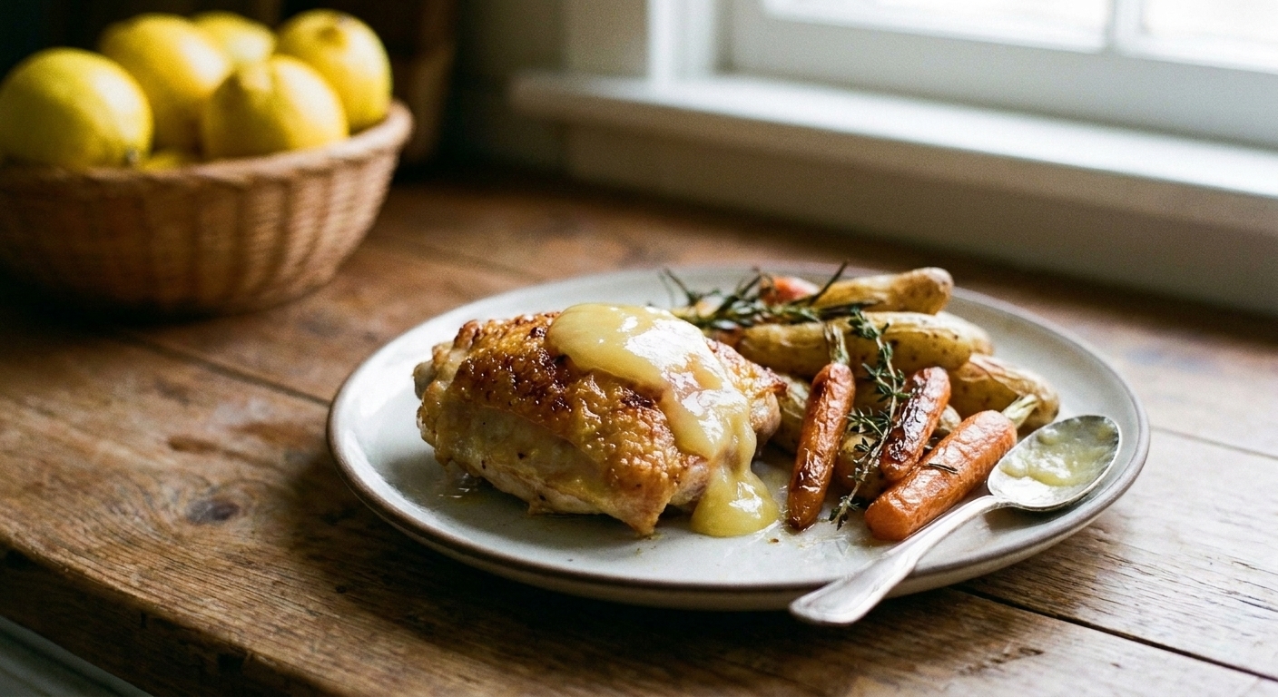 A plated roast chicken thigh with a glossy spoonful of savory lemon curd on top and roasted vegetables on the side