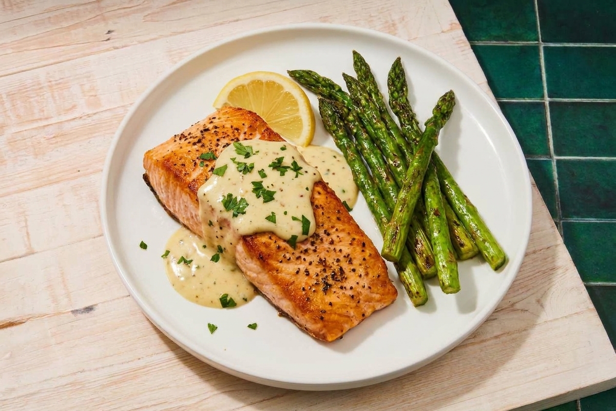 A plated salmon fillet topped with lemon Dijon sauce next to sautéed asparagus