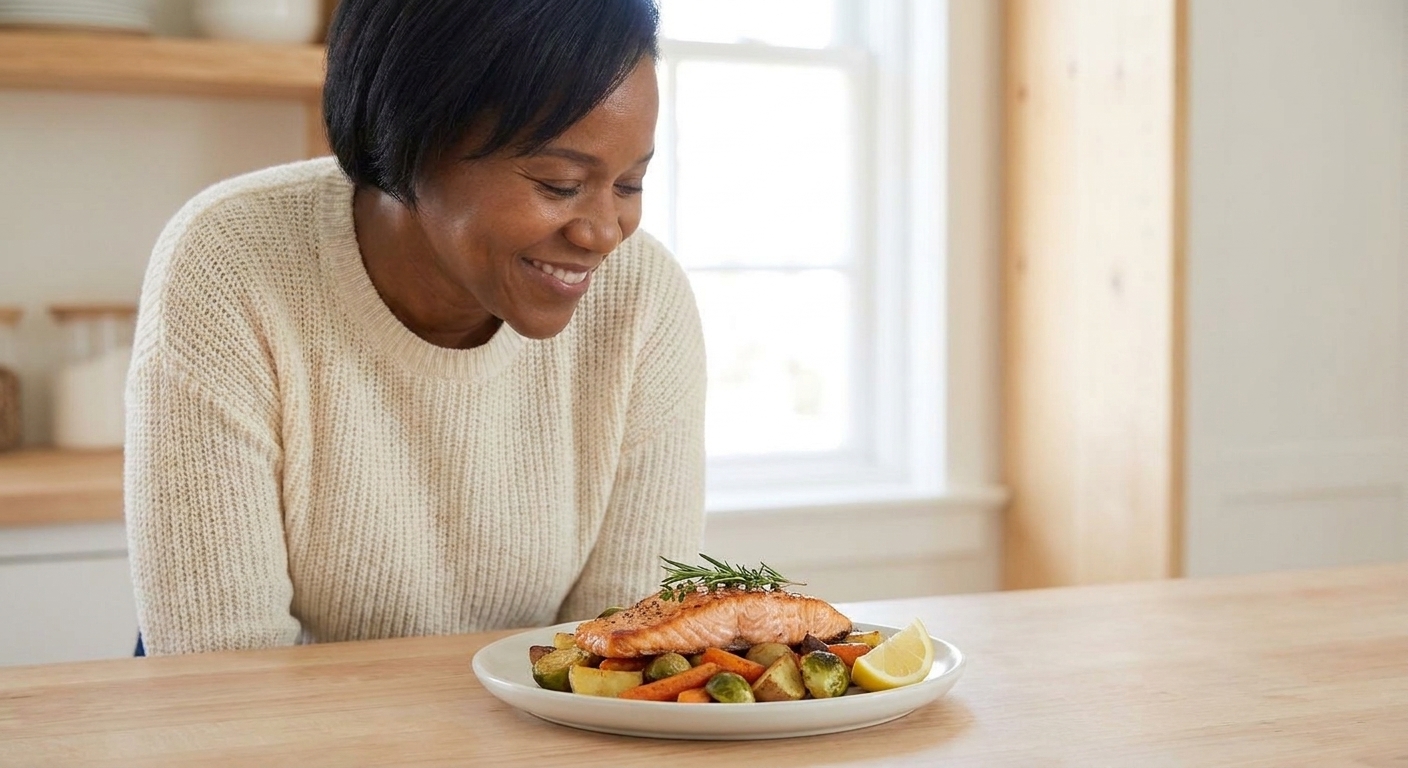 A plated salmon fillet with roasted vegetables and a lemon wedge on a simple plate