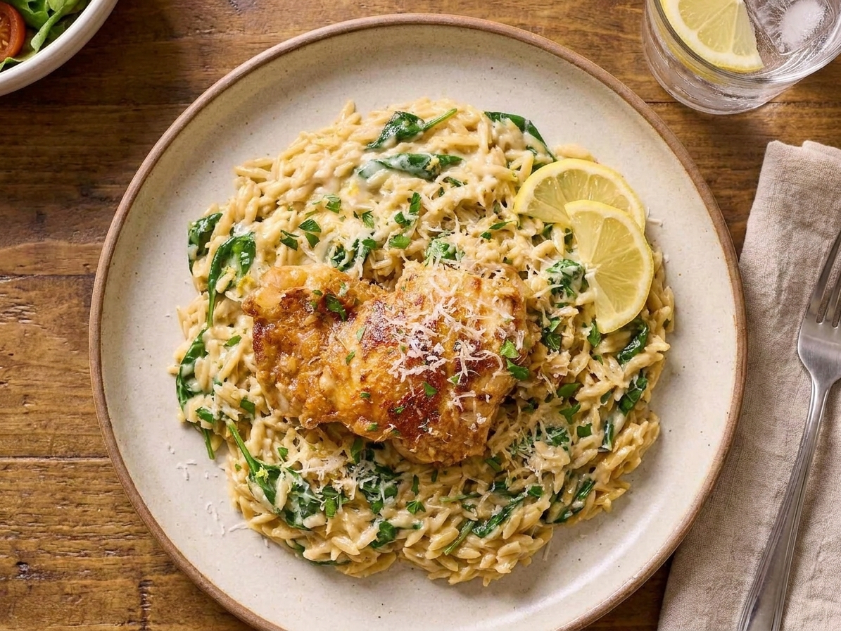 A plated serving of citrus-kissed chicken over creamy orzo with grated Parmesan and chopped herbs on top
