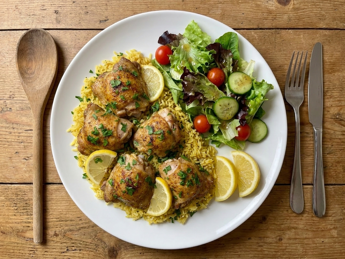 A plated serving of lemon garlic chicken and rice on a white dinner plate with lemon wedges and a simple green salad on the table