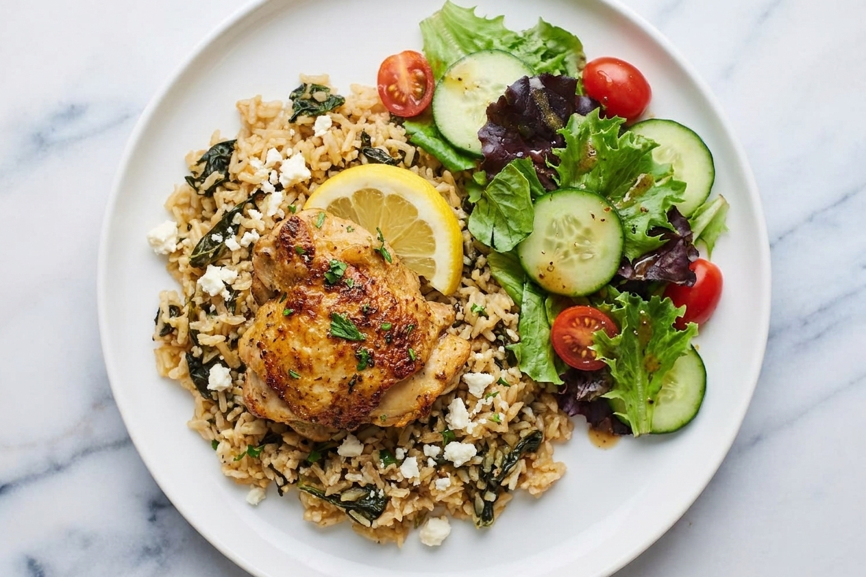 A plated serving of one-pan chicken and rice on a white dinner plate with a small green salad alongside