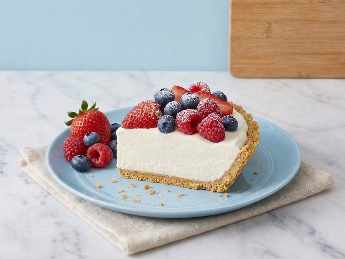 A plated slice of no bake cheesecake with a few crumbs on the plate and fresh berries nearby