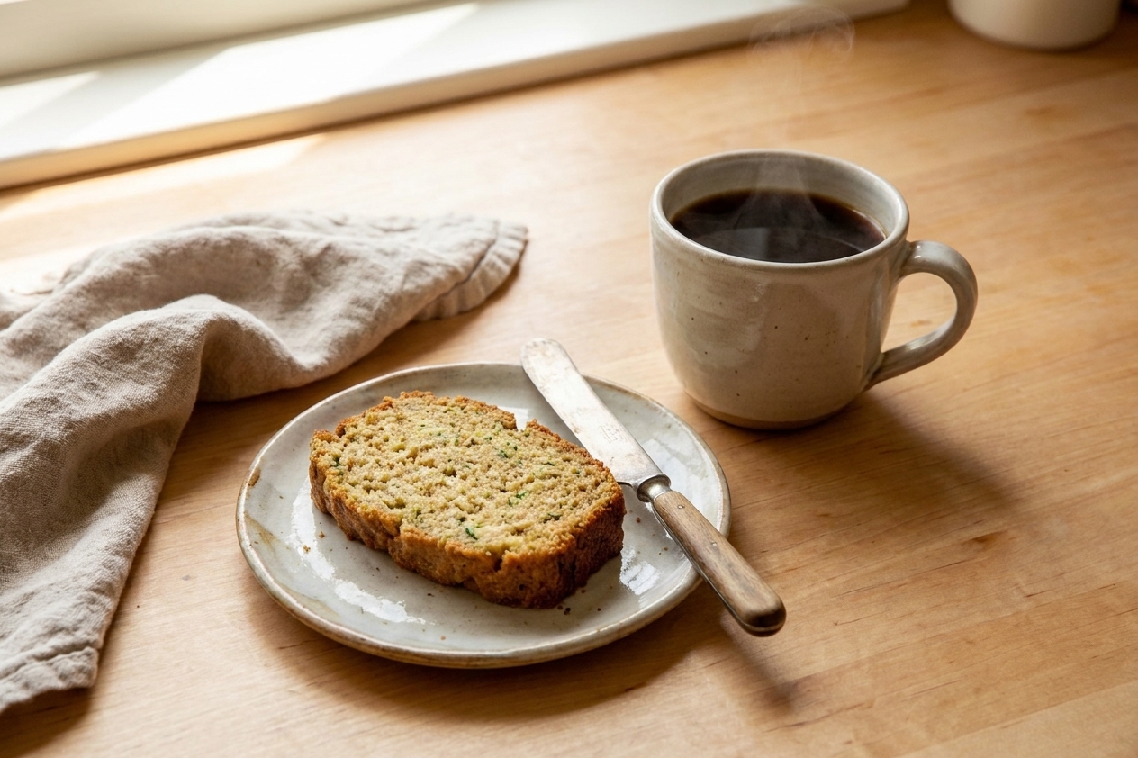 A plated slice of zucchini bread on a small ceramic plate with a butter knife and a mug of coffee on a wooden table