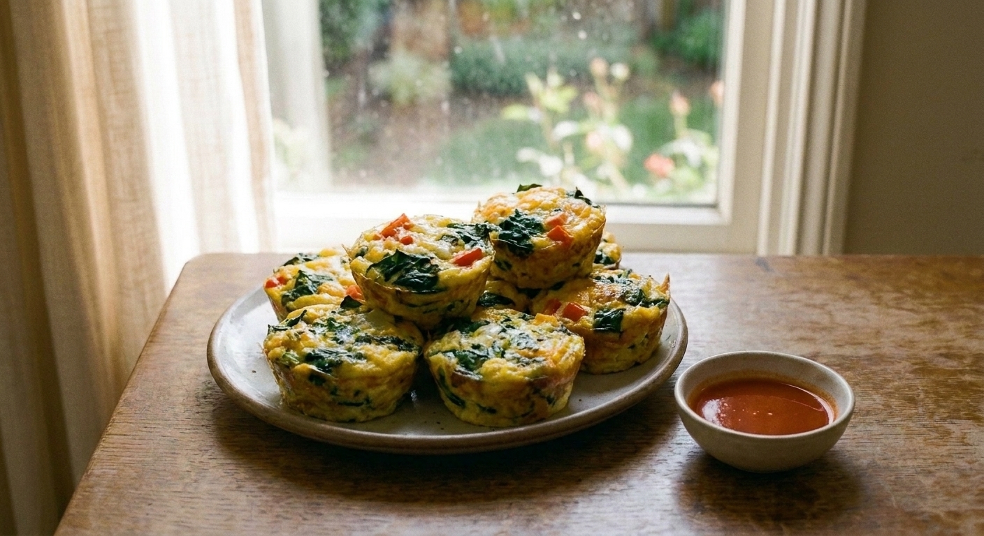 A platter of golden egg muffins with visible spinach, red bell pepper, and melted cheddar, set on a bright kitchen table with a small bowl of hot sauce