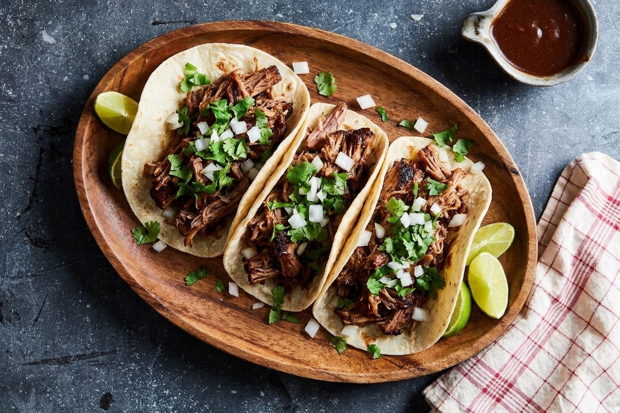 A platter of pulled pork tacos topped with cilantro and diced onions, with lime wedges on the side