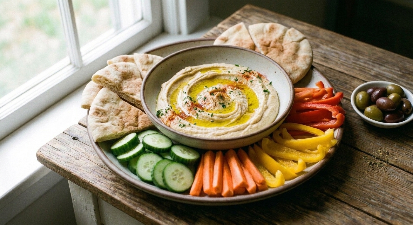 A platter with a bowl of hummus surrounded by warm pita wedges and sliced cucumbers, carrots, and bell peppers