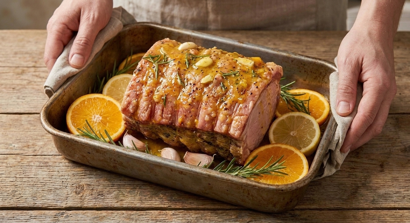 A pork loin roast coated in citrus-garlic marinade sitting in a roasting pan with orange and lemon slices tucked around it