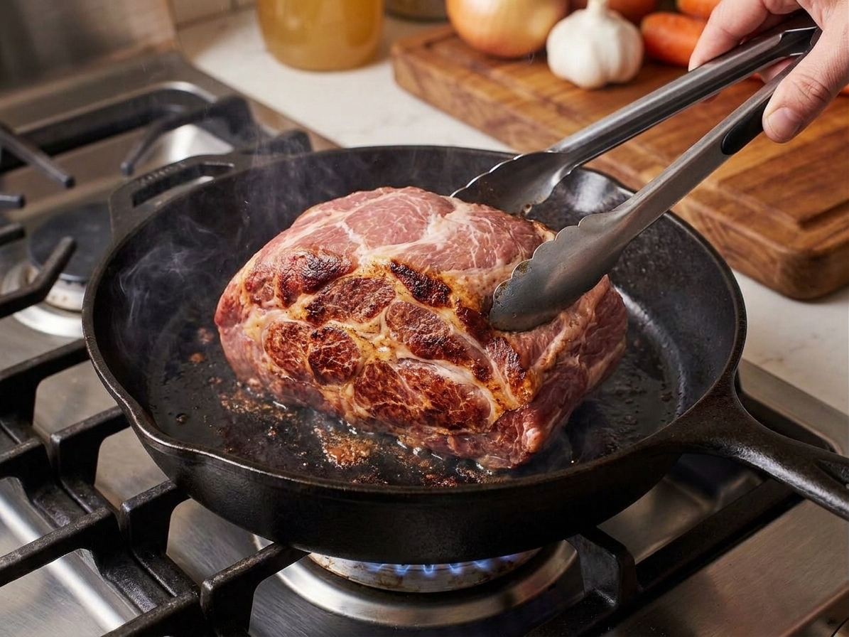 A pork roast being seared in a hot skillet on the stove with browned edges forming, cooking tongs visible