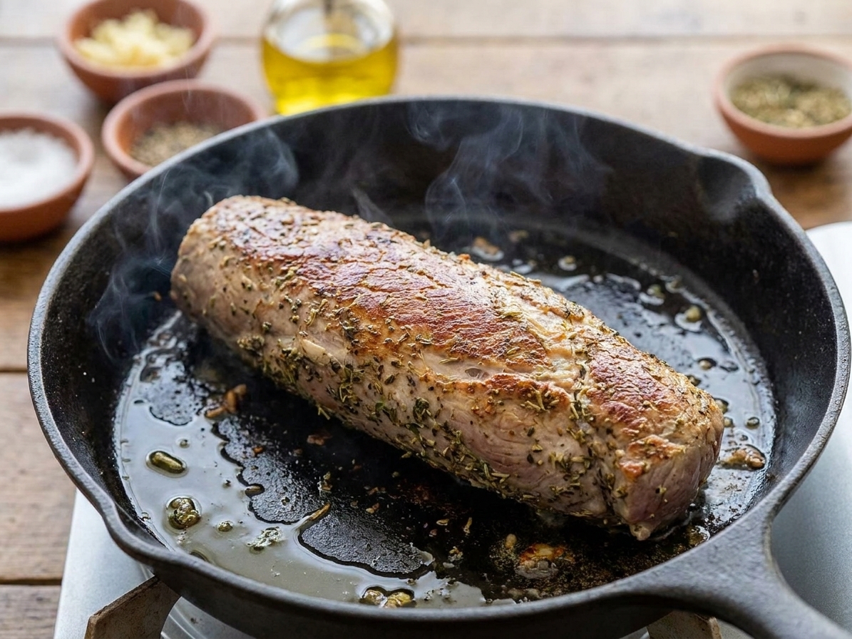 A pork tenderloin being seared in a cast iron skillet with a browned crust forming on the surface