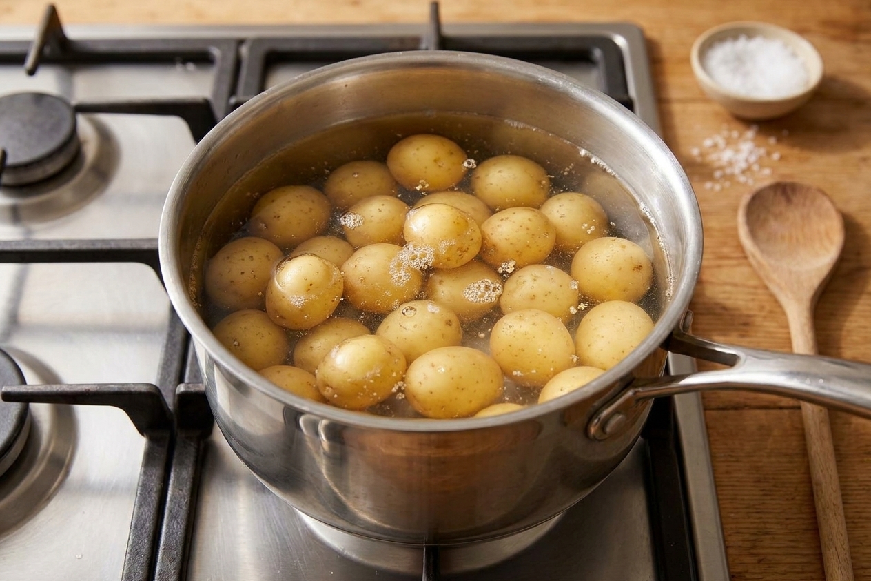 A pot of baby potatoes simmering in salted water on a stovetop with gentle bubbles