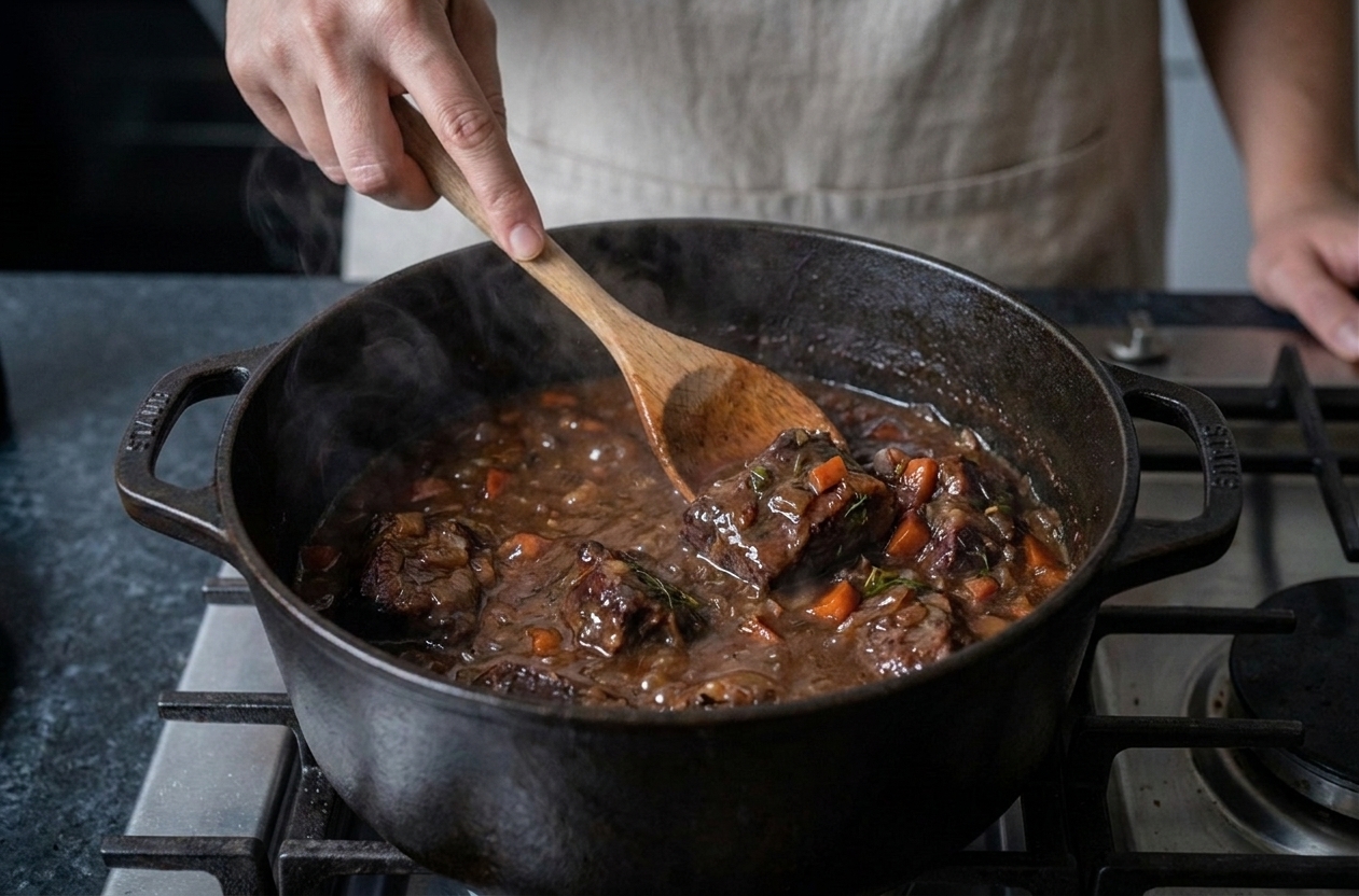 A pot of braised short rib sauce being gently reheated on the stovetop while someone stirs