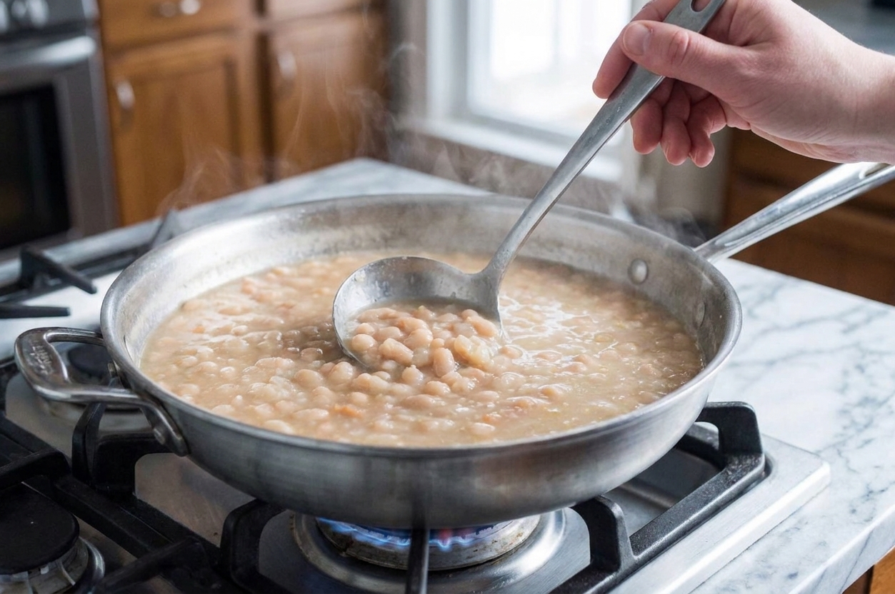 A pot of broth-based soup warming on a stovetop while it is stirred gently