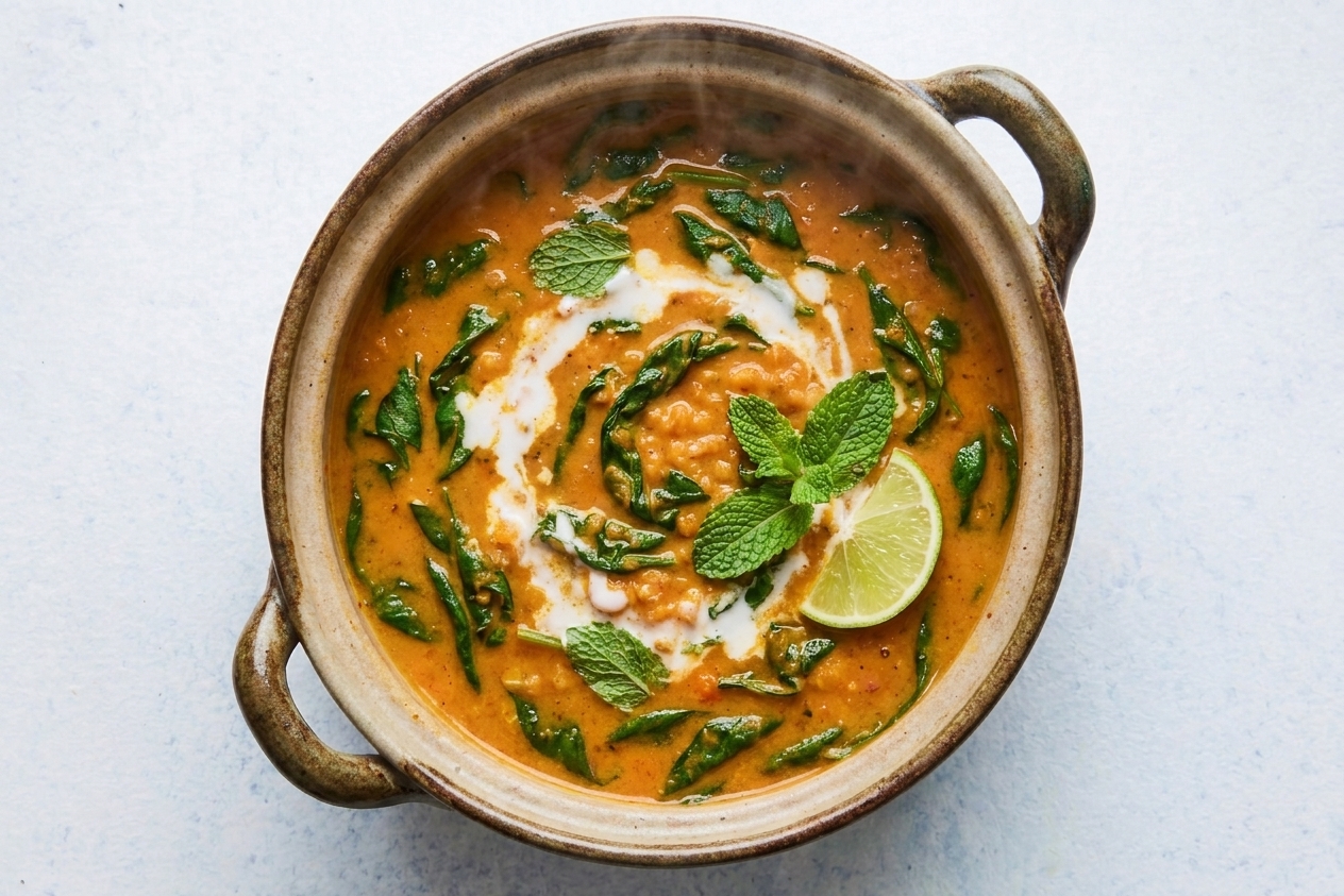A pot of creamy red lentil coconut curry soup simmering with spinach stirred in