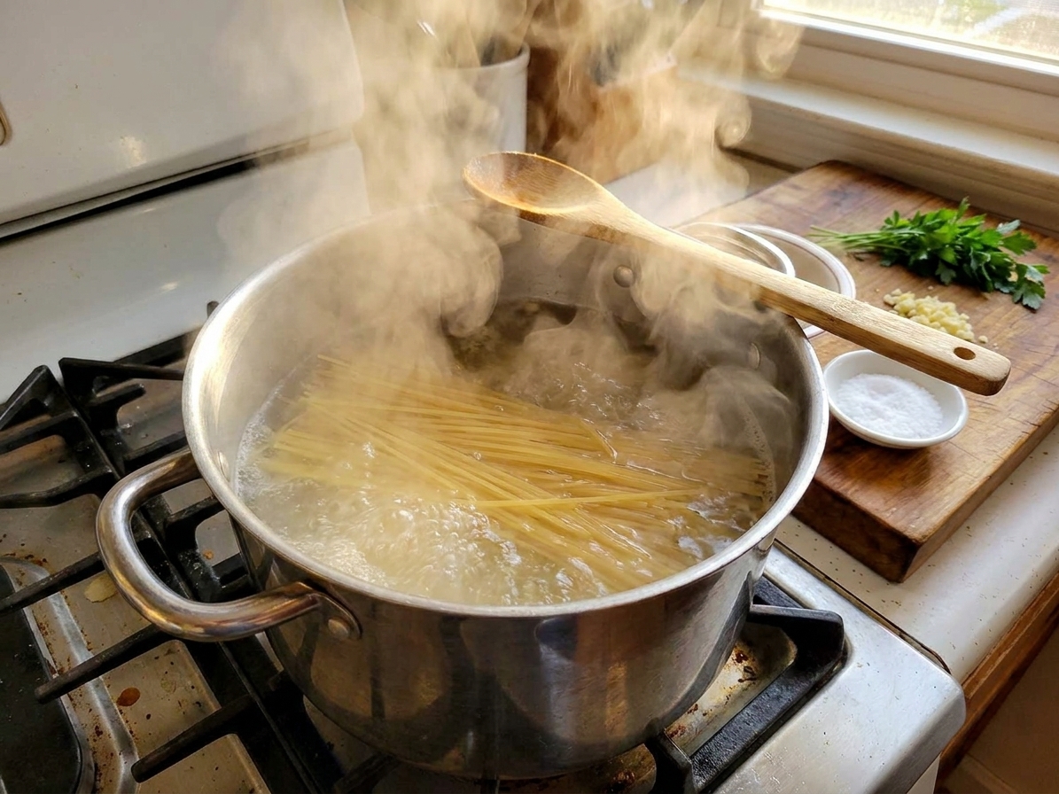 A pot of pasta boiling in salted water on a stovetop with steam rising