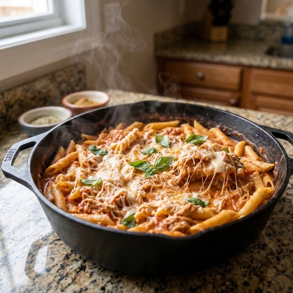 A pot of pasta tossed with creamy tomato sauce and shredded chicken, with parmesan melting into the sauce
