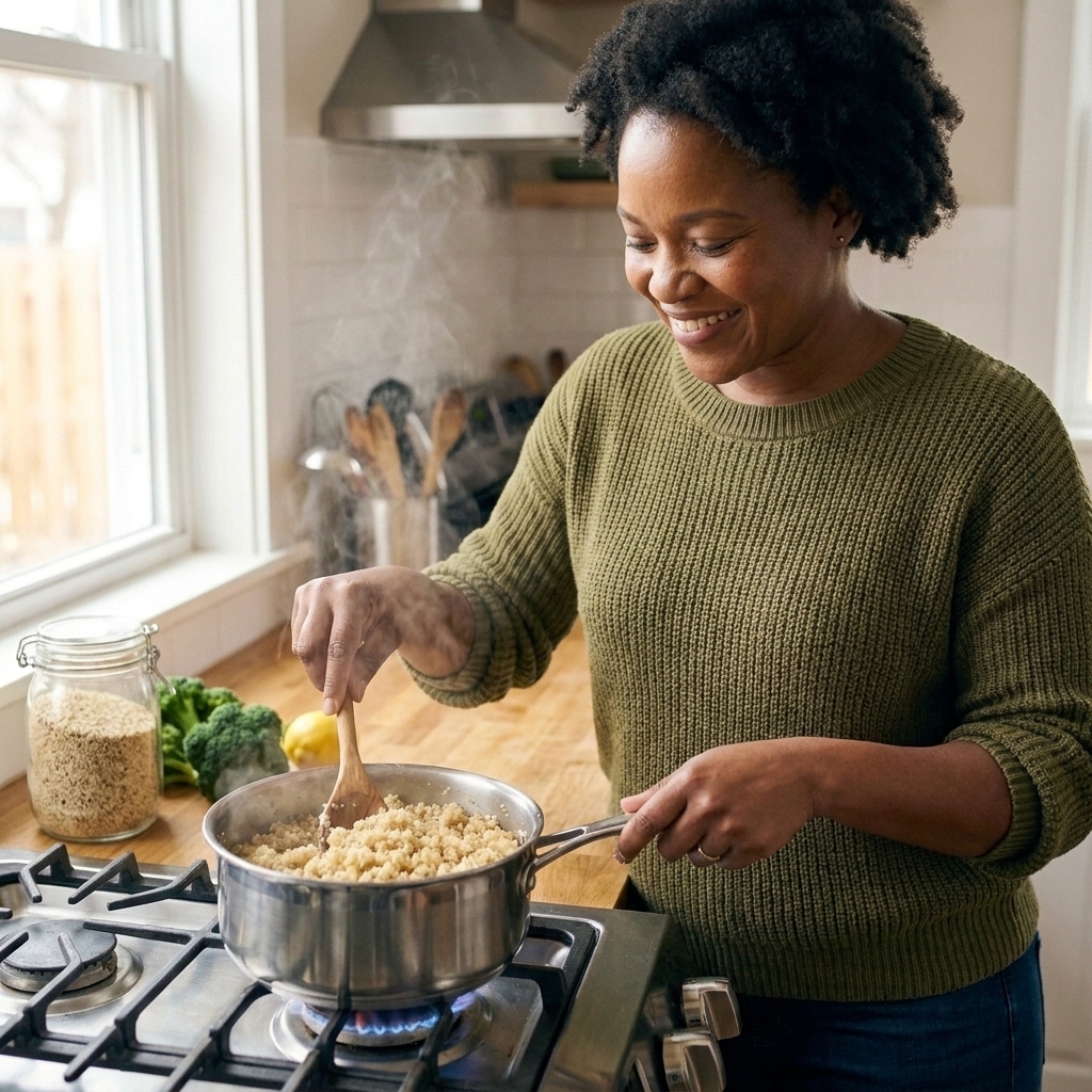 A pot of quinoa simmering on a stovetop with steam rising