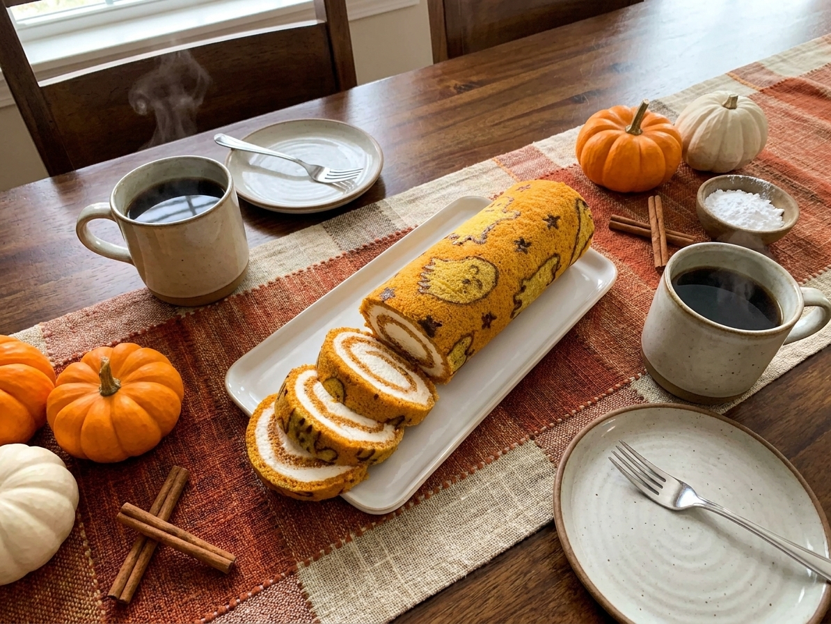 A pumpkin roll on a serving board with coffee mugs and small plates set on a cozy dining table