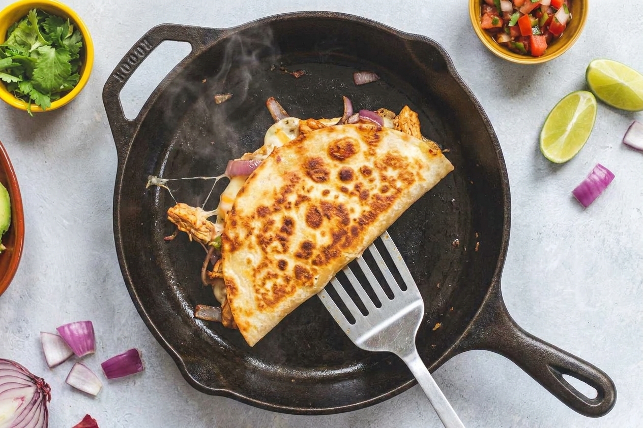 A quesadilla being flipped with a spatula in a cast iron skillet, tortilla browned and crisp