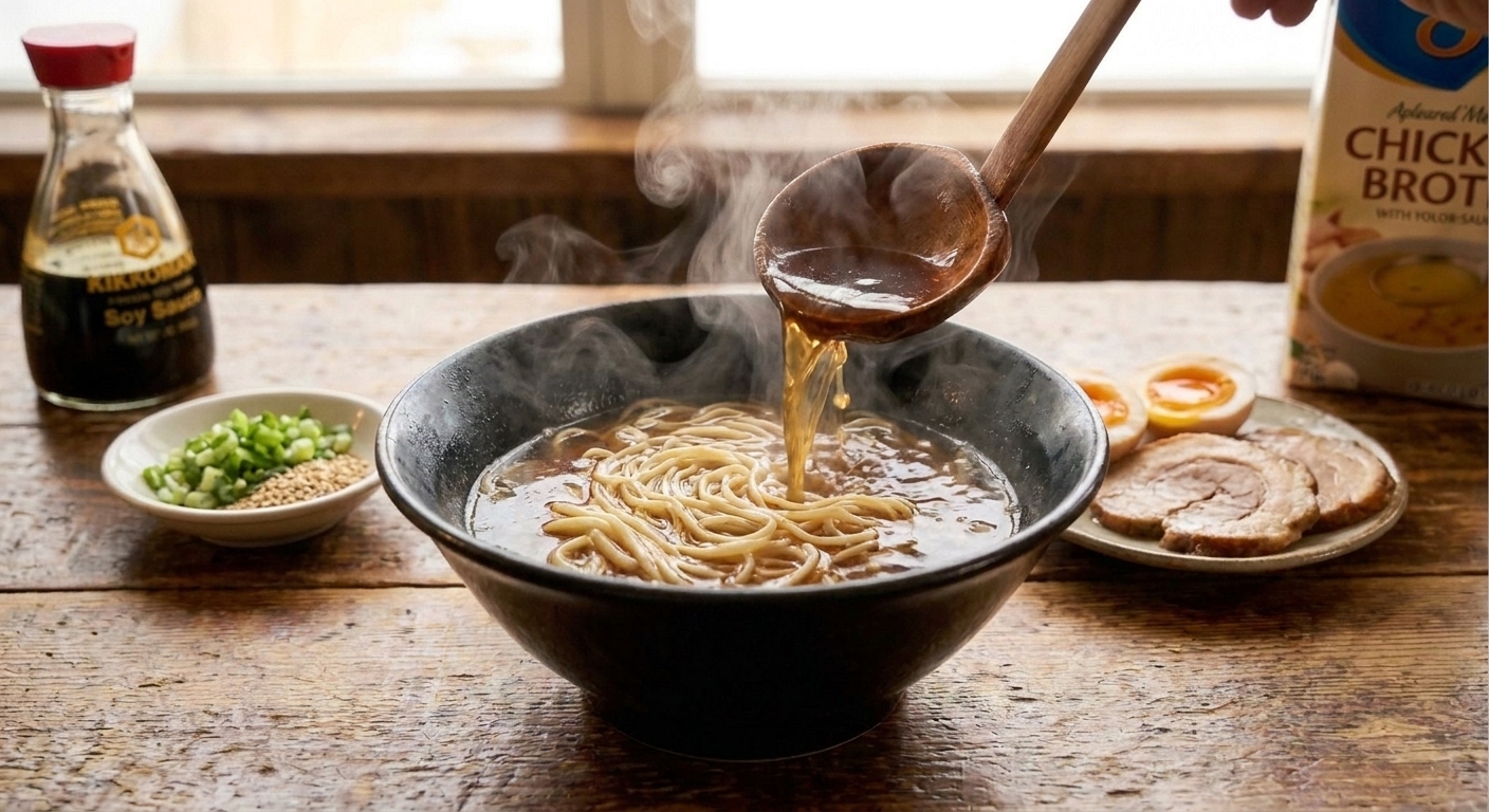 A ramen bowl being assembled on a kitchen counter with noodles added, broth being ladled in, and toppings arranged nearby