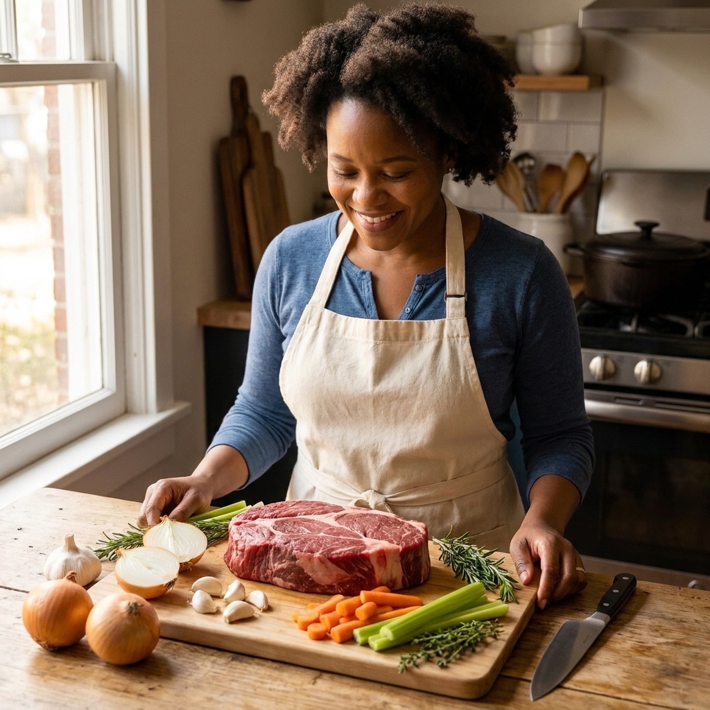 A raw beef chuck roast on a cutting board surrounded by onions, garlic, carrots, celery, and fresh herbs on a kitchen counter