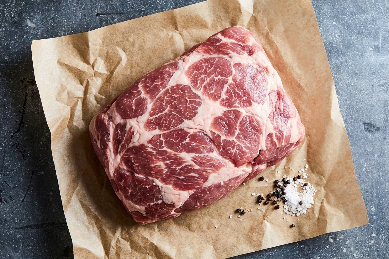 A raw boneless pork shoulder roast on parchment paper with visible marbling, ready to be seasoned