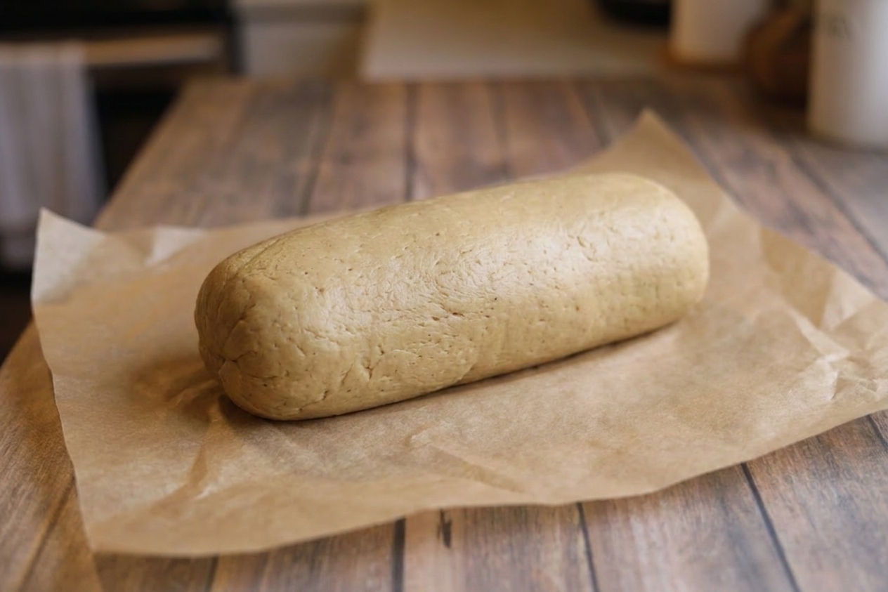 A raw seitan roast shaped into a smooth log on parchment paper, ready to be wrapped