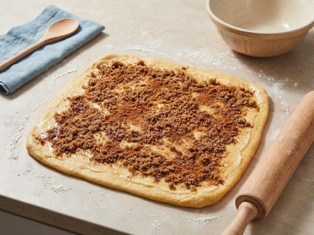 A rectangle of dough spread with butter and sprinkled with cinnamon sugar on a kitchen counter, ready to be rolled