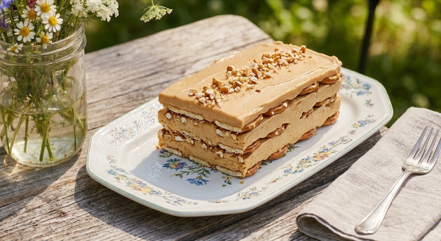 A rectangular slice of peanut butter icebox cake with visible pretzel layers on a chilled serving plate