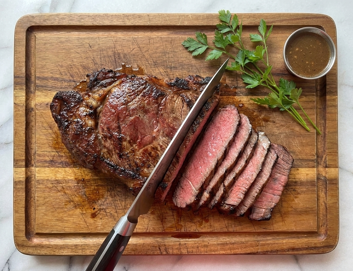 A rested London broil being sliced thinly against the grain on a wooden cutting board with a chef's knife